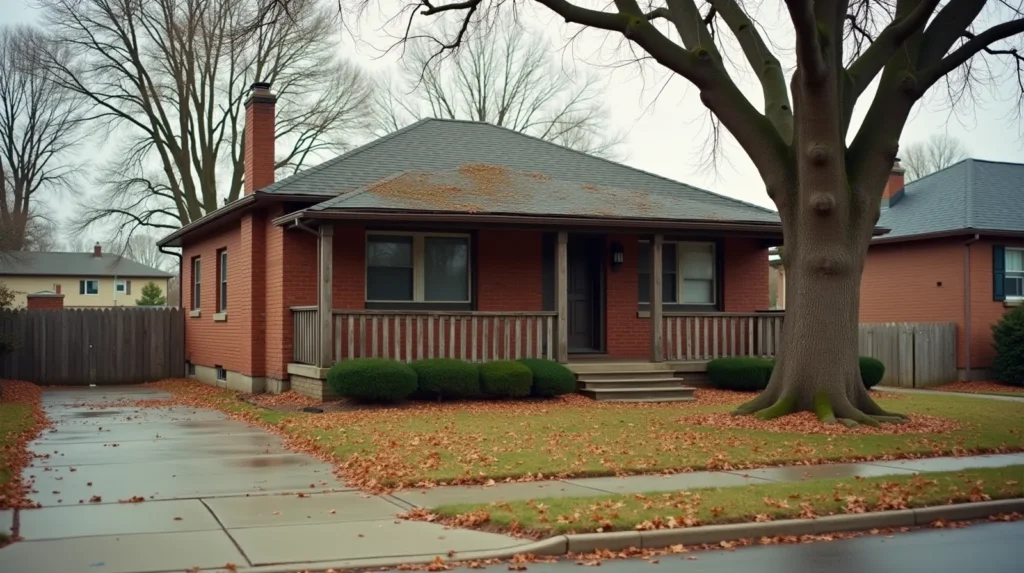 A 1940s brick bungalow on a residential street in Independence, Missouri, overcast light, mature oak tree in front yard