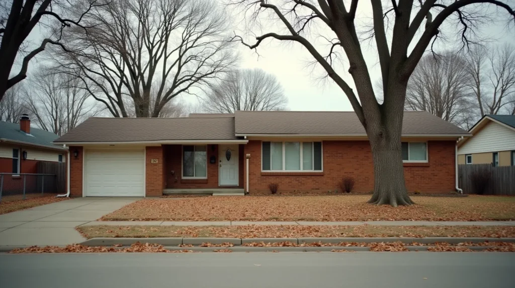Post-war ranch house on a quiet residential street in Kansas City Missouri, overcast sky, dried leaves on driveway