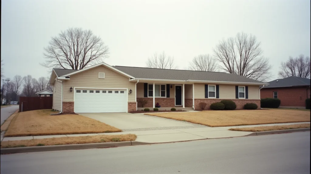 A 1960s ranch-style house on a quiet suburban street in Lee's Summit, Missouri, overcast afternoon light, two-car garage, dormant lawn