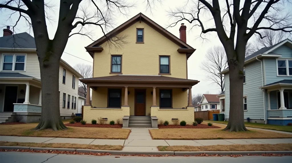 Cream brick Craftsman bungalow on a quiet Milwaukee residential street with bare oak trees and an overcast winter sky