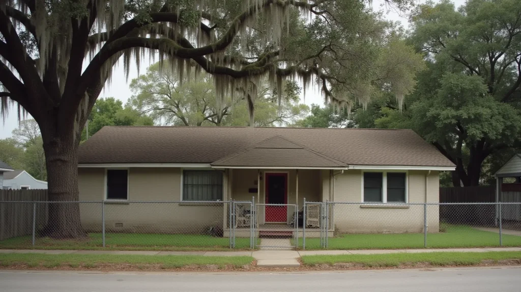 Modest 1960s ranch-style house in Pensacola Florida with live oak tree and Spanish moss