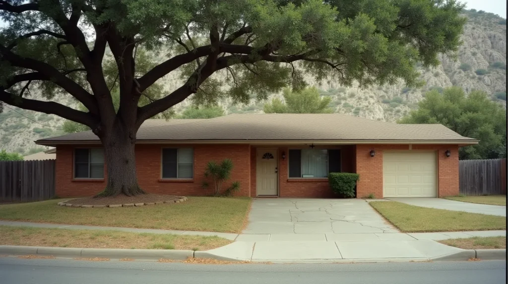 1970s brick ranch house in San Antonio with live oak shade and limestone escarpment in the background