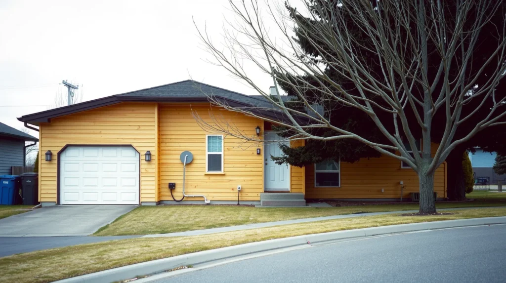 1980s split-level house on a quiet Spokane Valley residential street with dormant lawn and overcast sky