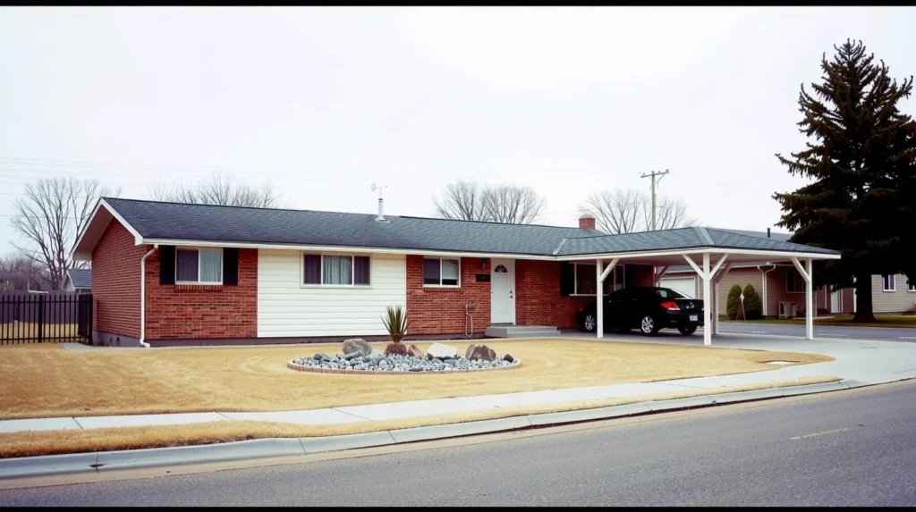 1960s brick ranch house on a quiet Spokane street with basalt rock landscaping and a ponderosa pine