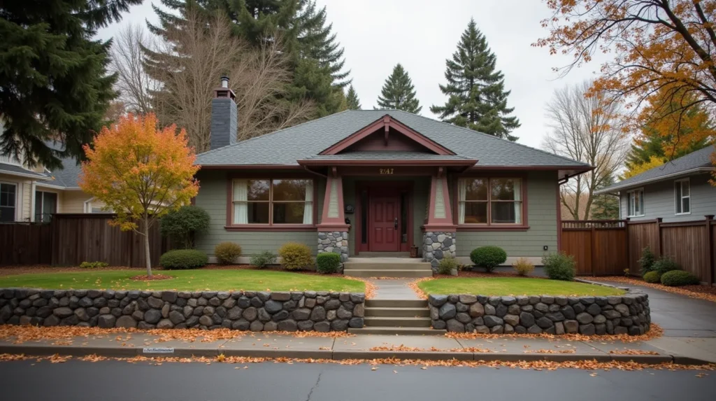 1920s craftsman bungalow on a tree-lined Spokane street with ponderosa pines and basalt stone retaining wall