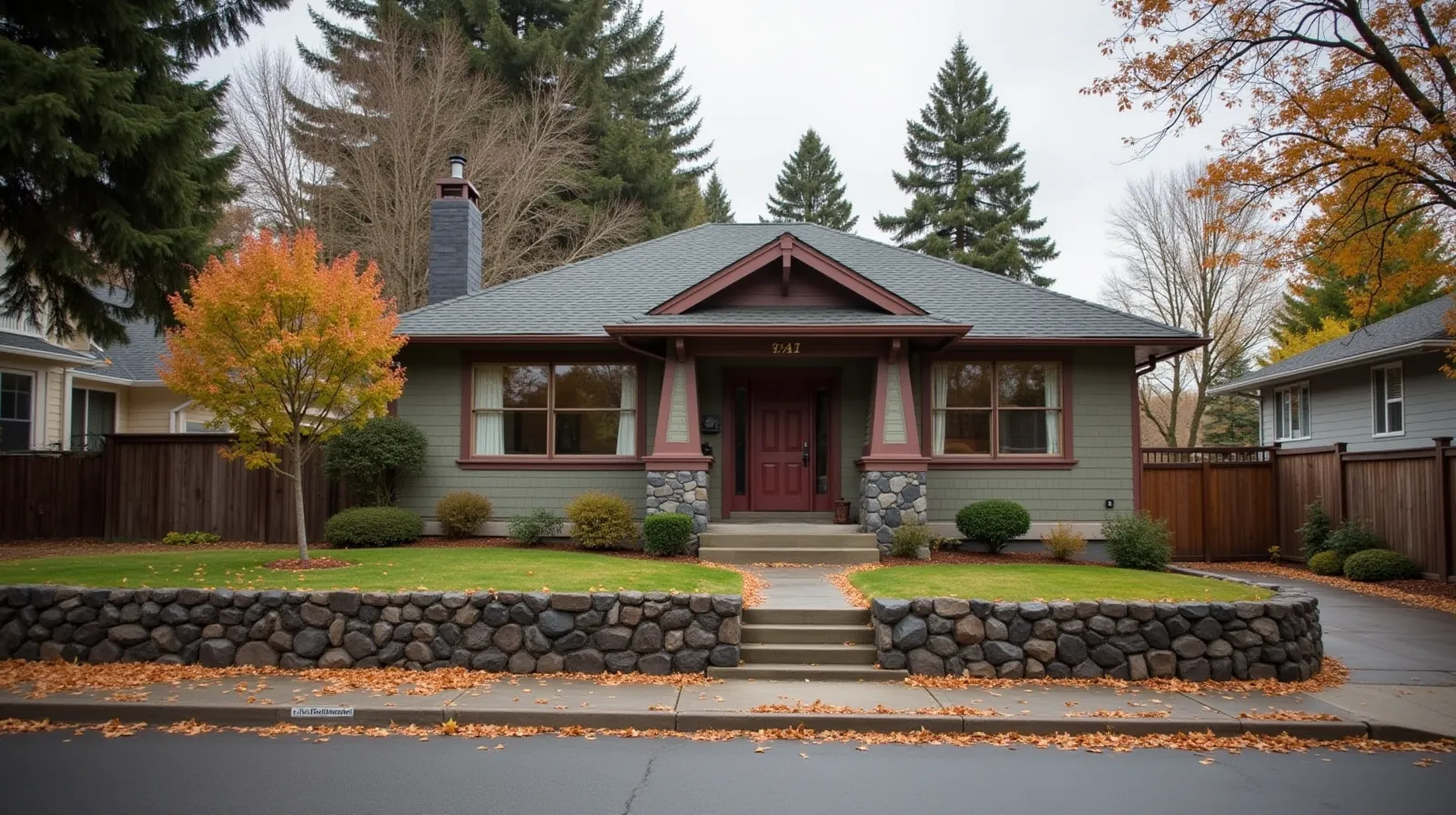 1920s craftsman bungalow on a tree-lined Spokane street with ponderosa pines and basalt stone retaining wall