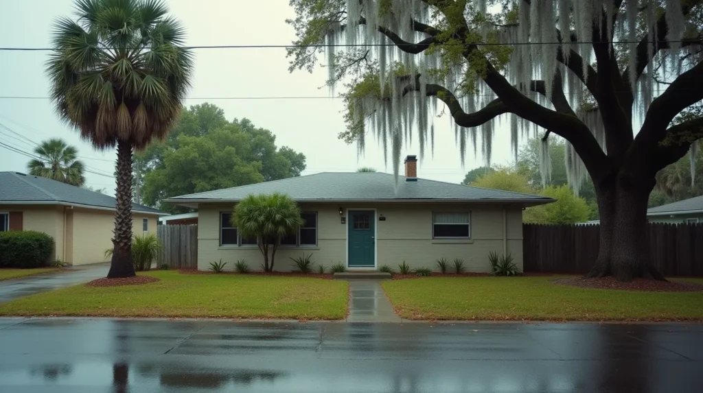 Single-story concrete block house on a residential street in St. Petersburg Florida after summer rain, palm trees and live oak lining the sidewalk