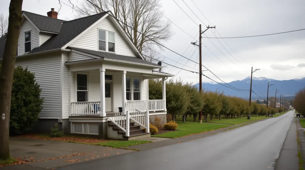 Older craftsman home in a Pacific Northwest agricultural valley with apple trees and Cascade foothills