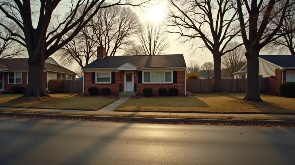 Brick ranch house on a quiet residential street in a Nashville Tennessee suburb, late afternoon light