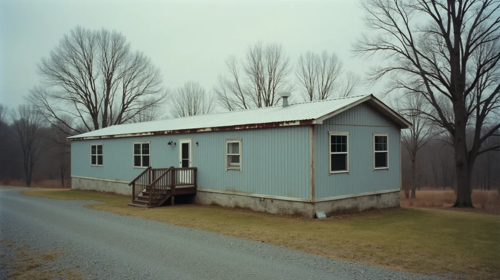 A single-wide manufactured home set back from a gravel driveway in rural Middle Tennessee, cedar and oak trees beside it, overcast light