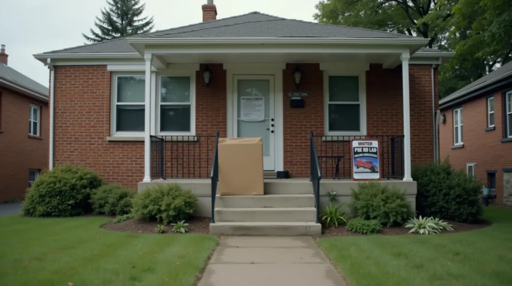 Single-story brick rental house on a quiet suburban street with a moving box on the front porch steps