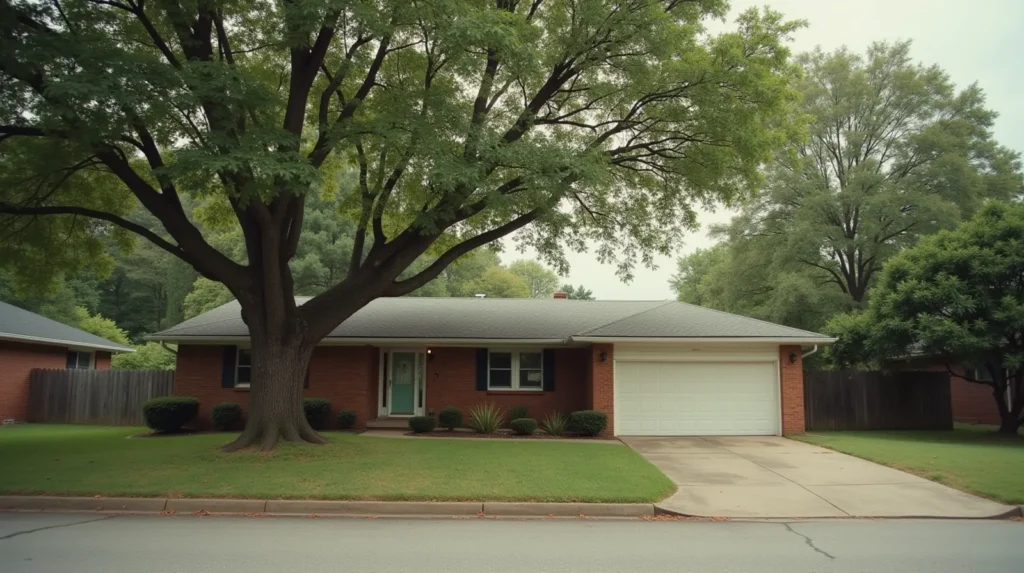 A 1960s brick ranch house in a Nashville Tennessee neighborhood, mature oak trees overhead, weathered driveway, overcast light
