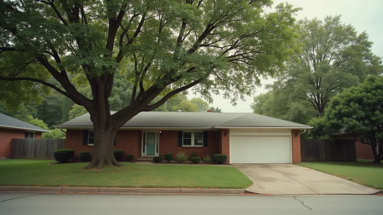 A 1960s brick ranch house in a Nashville Tennessee neighborhood, mature oak trees overhead, weathered driveway, overcast light