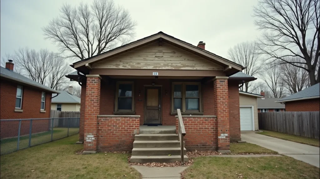 A neglected brick ranch house in a Nashville Tennessee neighborhood with sagging porch railing, cracked steps, and overgrown yard
