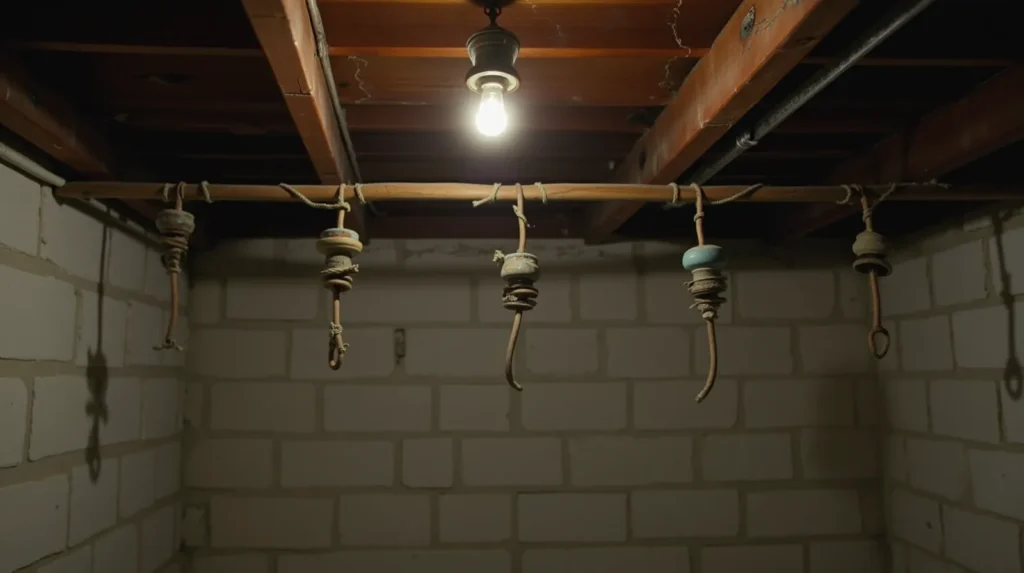 Exposed knob-and-tube wiring on the ceiling joists of an unfinished basement in a 1920s Nashville craftsman bungalow