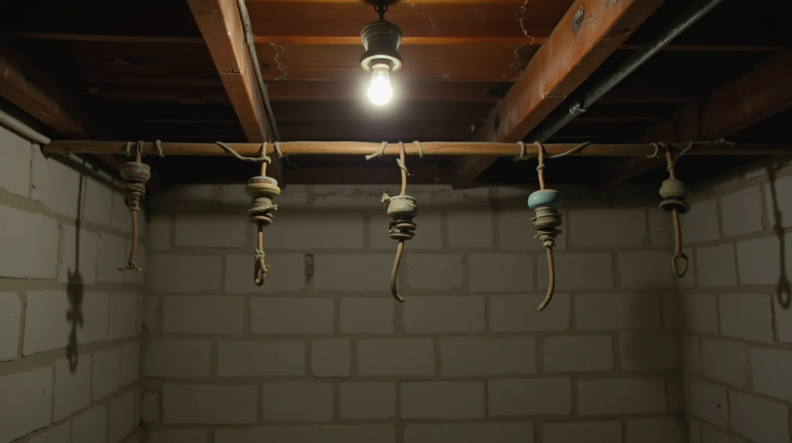 Exposed knob-and-tube wiring on the ceiling joists of an unfinished basement in a 1920s Nashville craftsman bungalow
