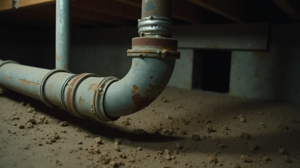 Corroded galvanized steel pipes in the crawl space beneath a 1940s Nashville bungalow, mineral deposits at pipe joints, concrete pier foundation in background
