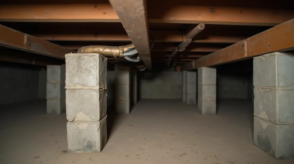 Crawl space under a 1940s Nashville pier-and-beam home showing concrete block foundation piers with termite mud tubes, weathered wood floor joists, and natural light from a foundation vent