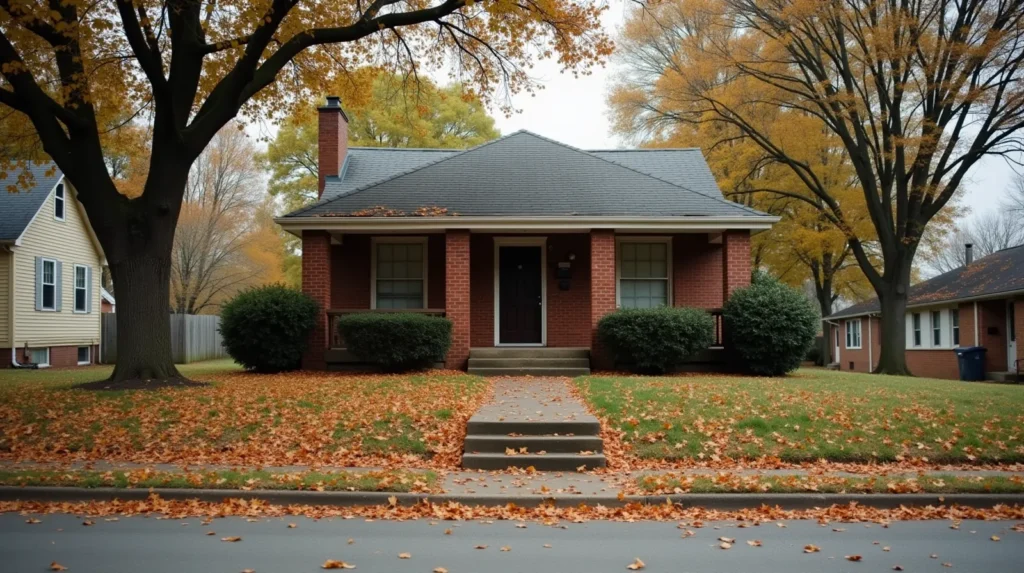 1940s brick bungalow in Nashville Tennessee with mature oak trees and overgrown lawn suggesting long vacancy