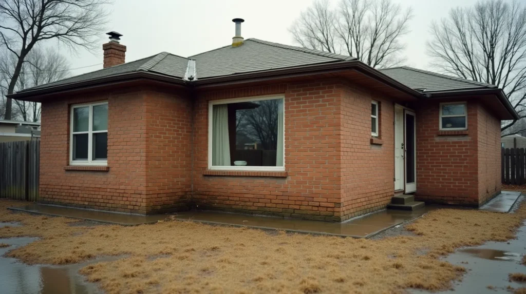 Exterior view of a 1960s brick ranch house showing a high-water flood line across the lower brick courses with dried mud along the foundation