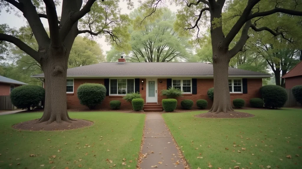 A well-maintained mid-century brick ranch house in a quiet Nashville Tennessee residential neighborhood with mature oak trees, overcast afternoon light