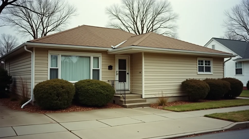 A modest 1980s ranch house with aging siding and overgrown shrubs on a quiet suburban street