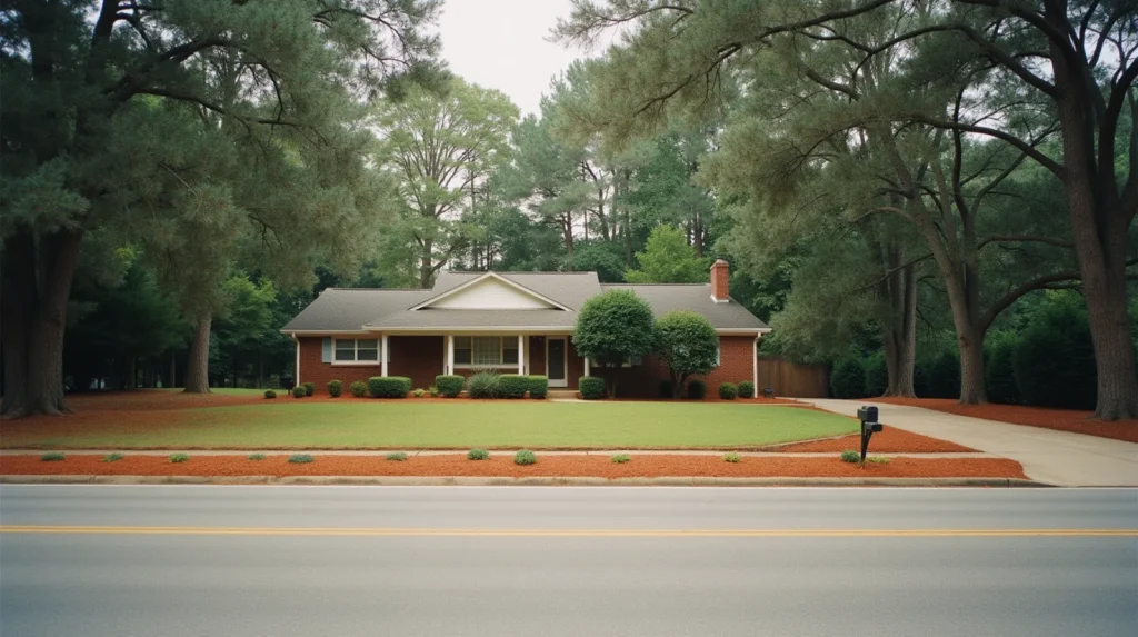 A modest single-story brick ranch house on a quiet suburban Georgia street with red clay soil at the lawn edge and mature pine and oak trees under overcast light