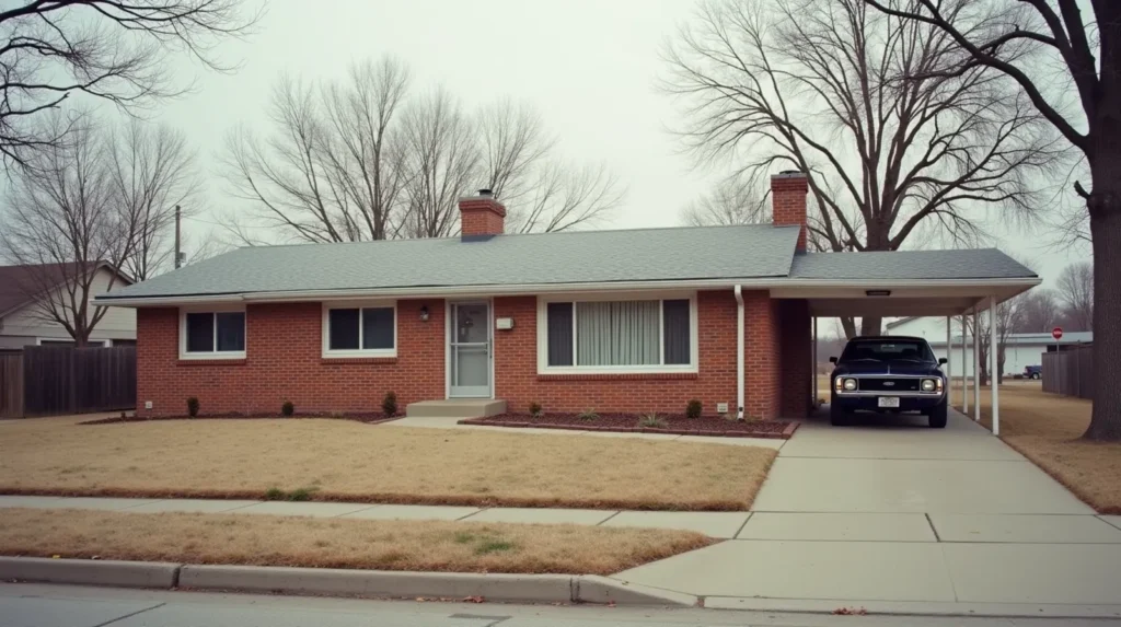 1960s brick ranch house on a quiet Indianapolis-area street in winter, bare trees, flat Indiana terrain