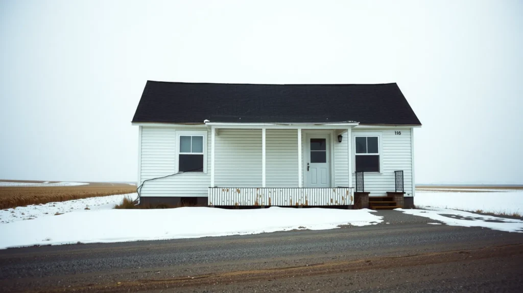 1950s farmhouse on flat Eastern Washington land with dormant wheat fields and pale winter sky