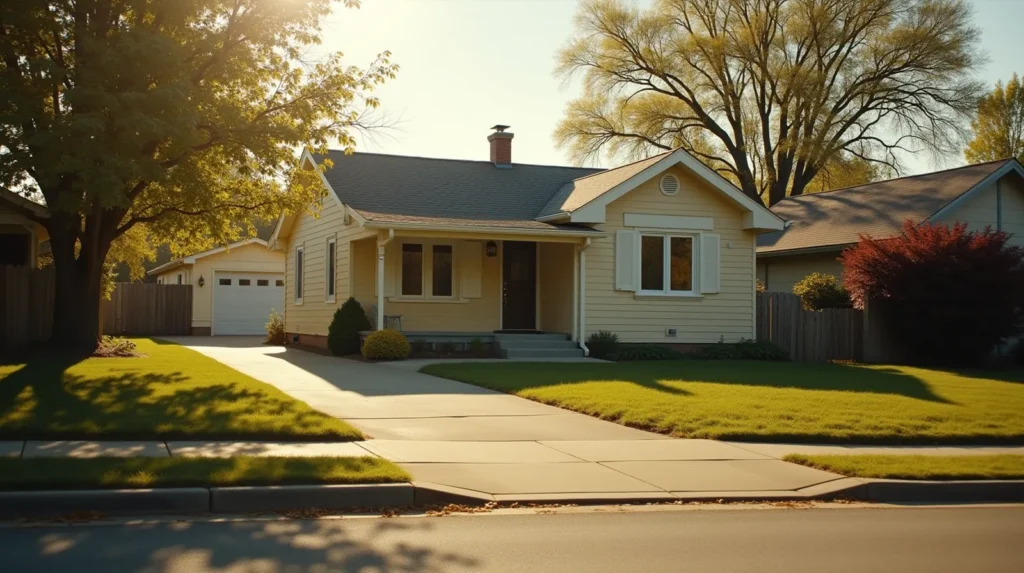 Modest ranch house in a suburban neighborhood with empty driveway and slightly overgrown lawn