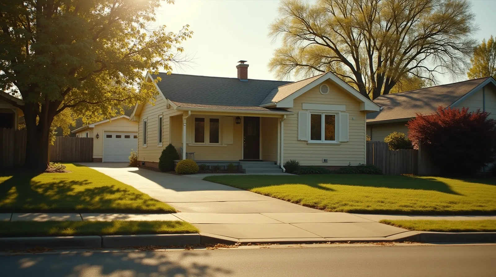 Modest ranch house in a suburban neighborhood with empty driveway and slightly overgrown lawn