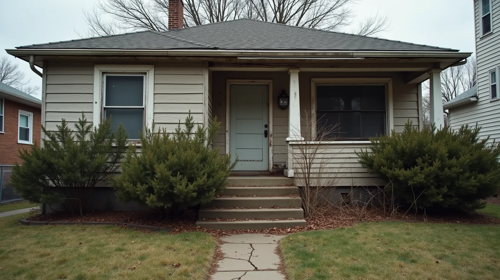 Neglected single-story house with weathered siding, peeling paint, sagging gutter, and overgrown shrubs
