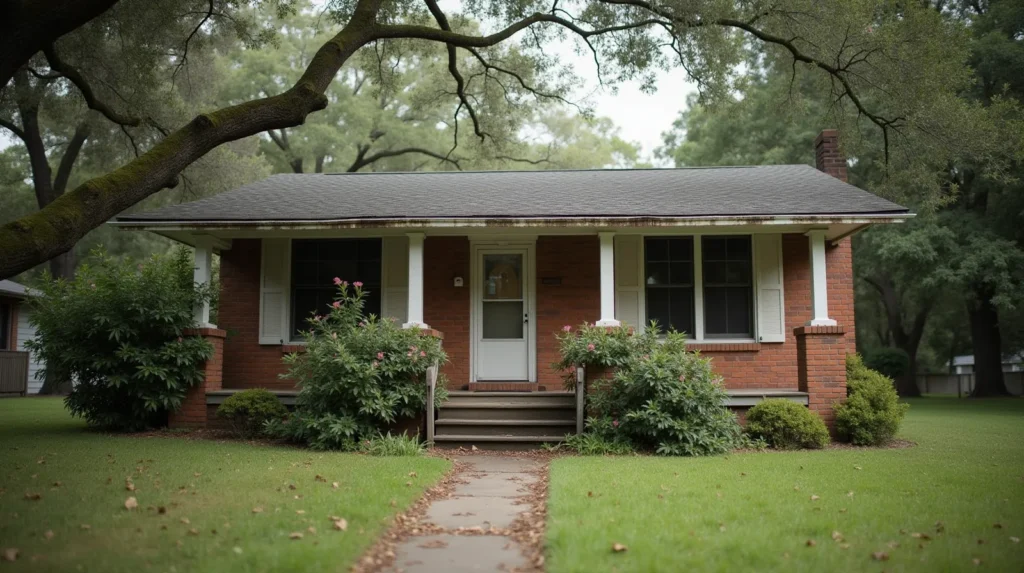 Modest brick ranch house with overgrown yard and weathered porch in soft afternoon light