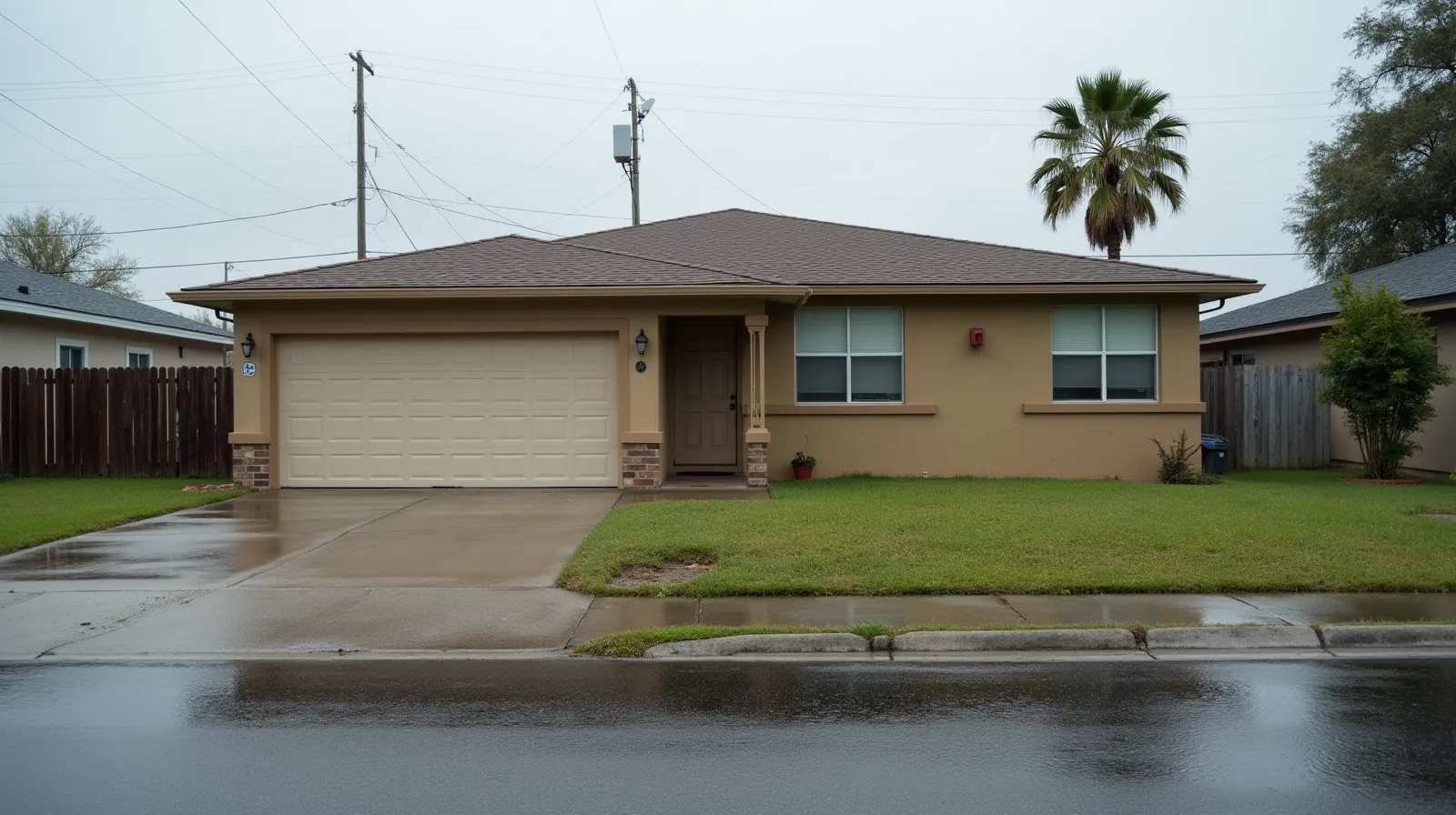 One-story stucco house in flat Florida neighborhood with standing water pooled along the driveway after a flood event, high-water stain on siding, overcast sky
