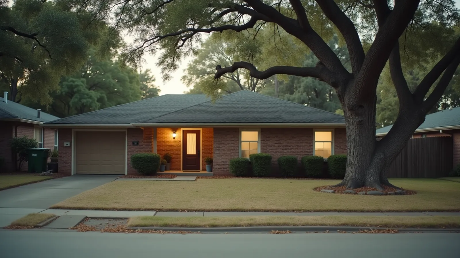 Brick ranch house with mature oak trees on a quiet residential street, front door ajar on a sunny afternoon