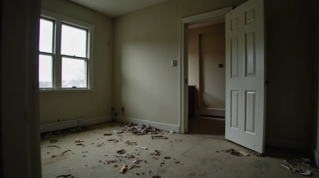 Vacant rental house interior showing extensive tenant damage -- torn carpet, holes in drywall, broken door