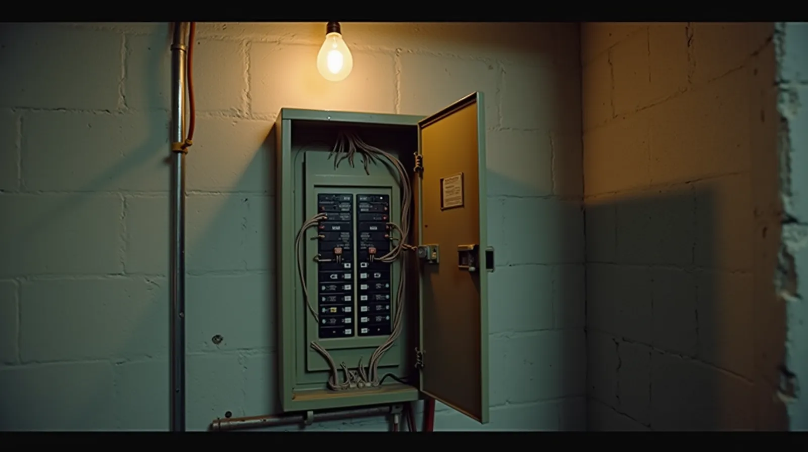 Open residential electrical panel from a 1960s ranch home showing silver aluminum branch circuit wiring inside the breaker box