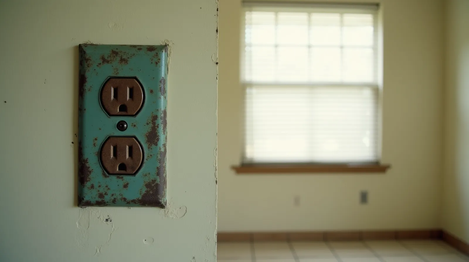 Interior of a 2000s-era Florida ranch house with black copper corrosion on an electrical outlet plate, a characteristic sign of Chinese drywall off-gassing