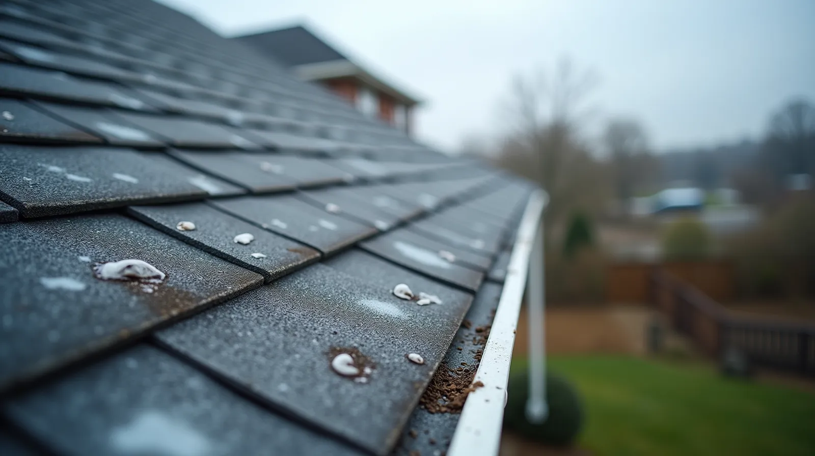 Suburban house roof with circular hail dents on gray asphalt shingles after a storm, granules scattered in gutters