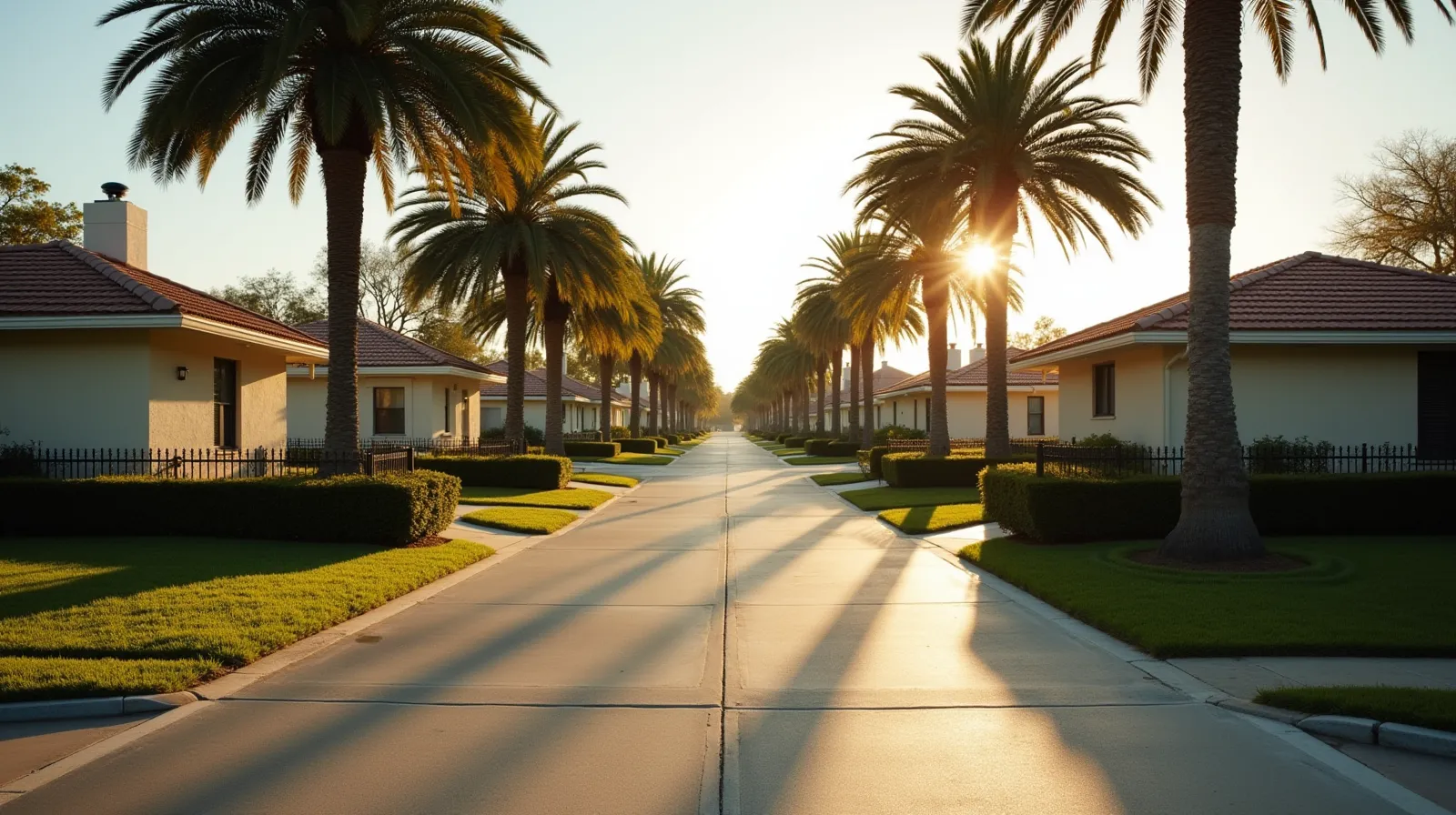 Quiet Florida suburban street with stucco ranch houses, barrel-tile roofs, and queen palms — typical of HOA-governed communities in Pinellas County