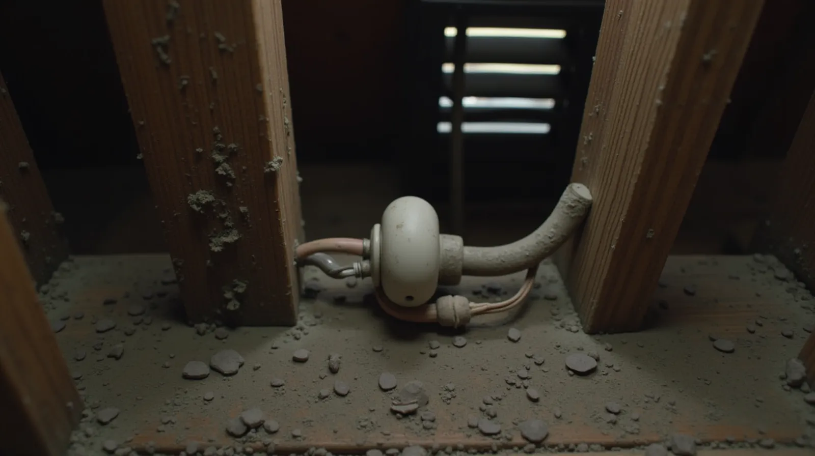 Original knob and tube electrical wiring on aged timber joists in a pre-war house attic, ceramic insulators and bare copper conductors visible
