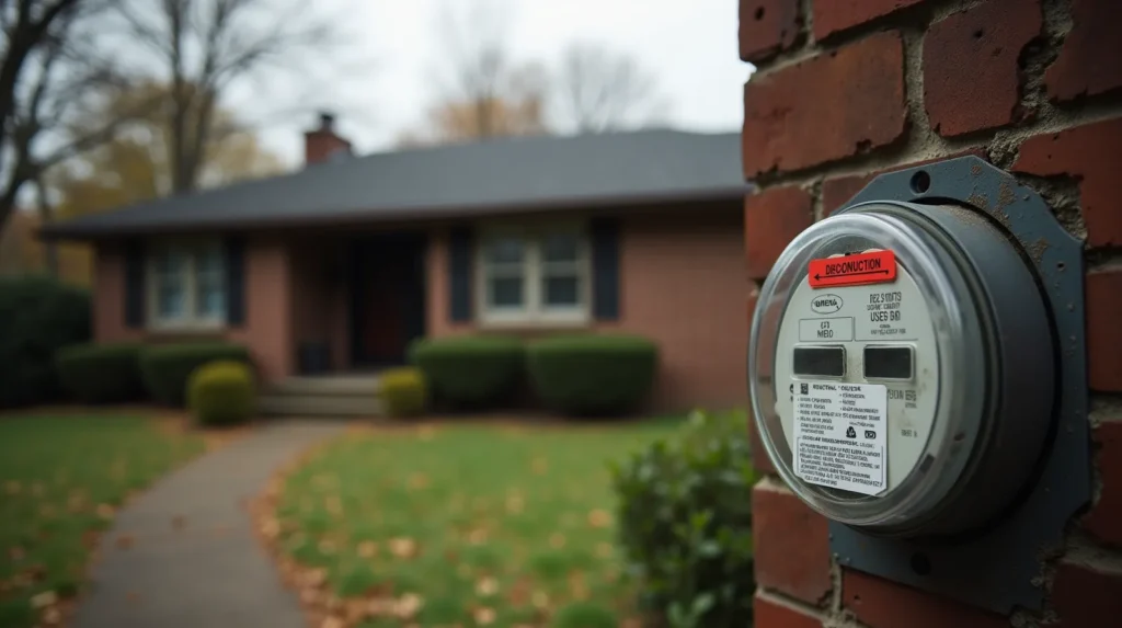 Vacant suburban ranch house with utilities disconnected, disconnection tag on meter box, dark windows, overgrown lawn