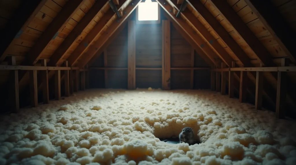 Disturbed attic insulation showing signs of rodent nesting activity in an older wood-frame house