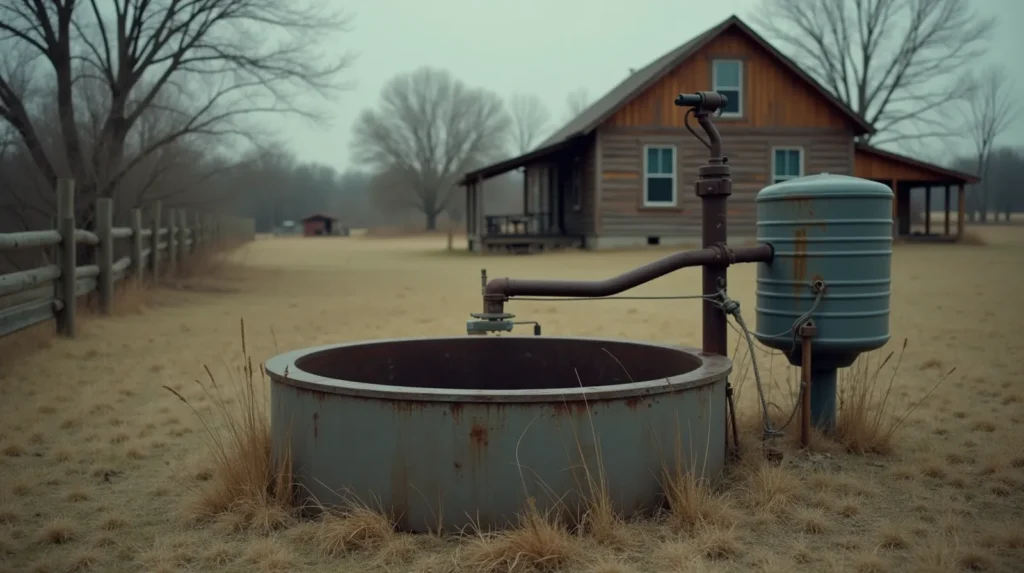 weathered steel well casing and pressure tank in a rural backyard, dry grass and wooden fence posts, modest house in background