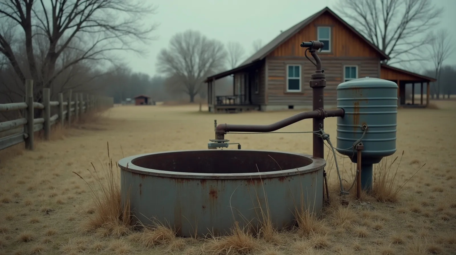weathered steel well casing and pressure tank in a rural backyard, dry grass and wooden fence posts, modest house in background