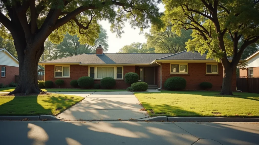 Empty 1960s brick ranch house with overgrown lawn and curtains drawn on a quiet suburban street
