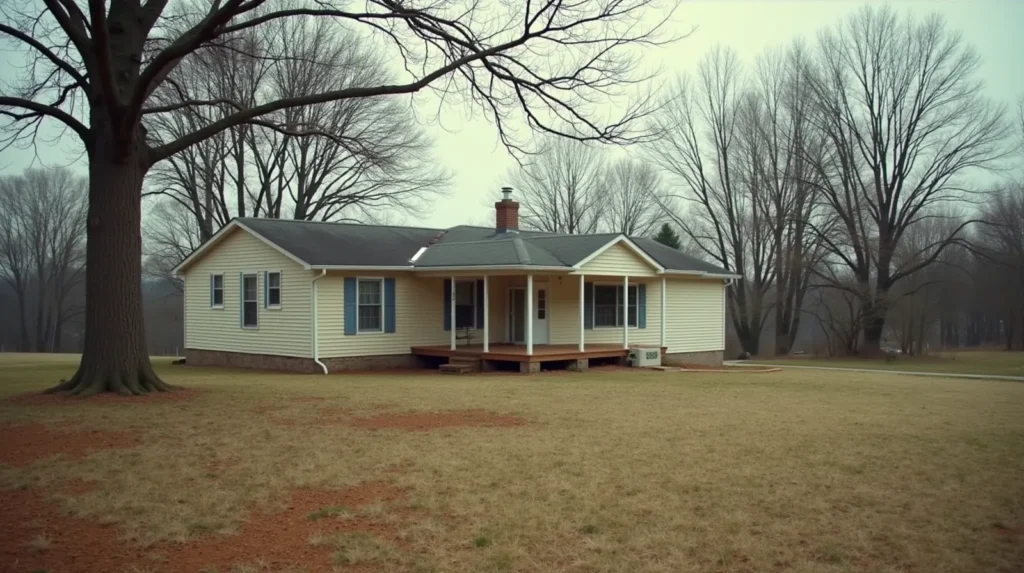 Ranch house with wide patchy yard and bare oak trees in rural Tennessee, overcast afternoon light