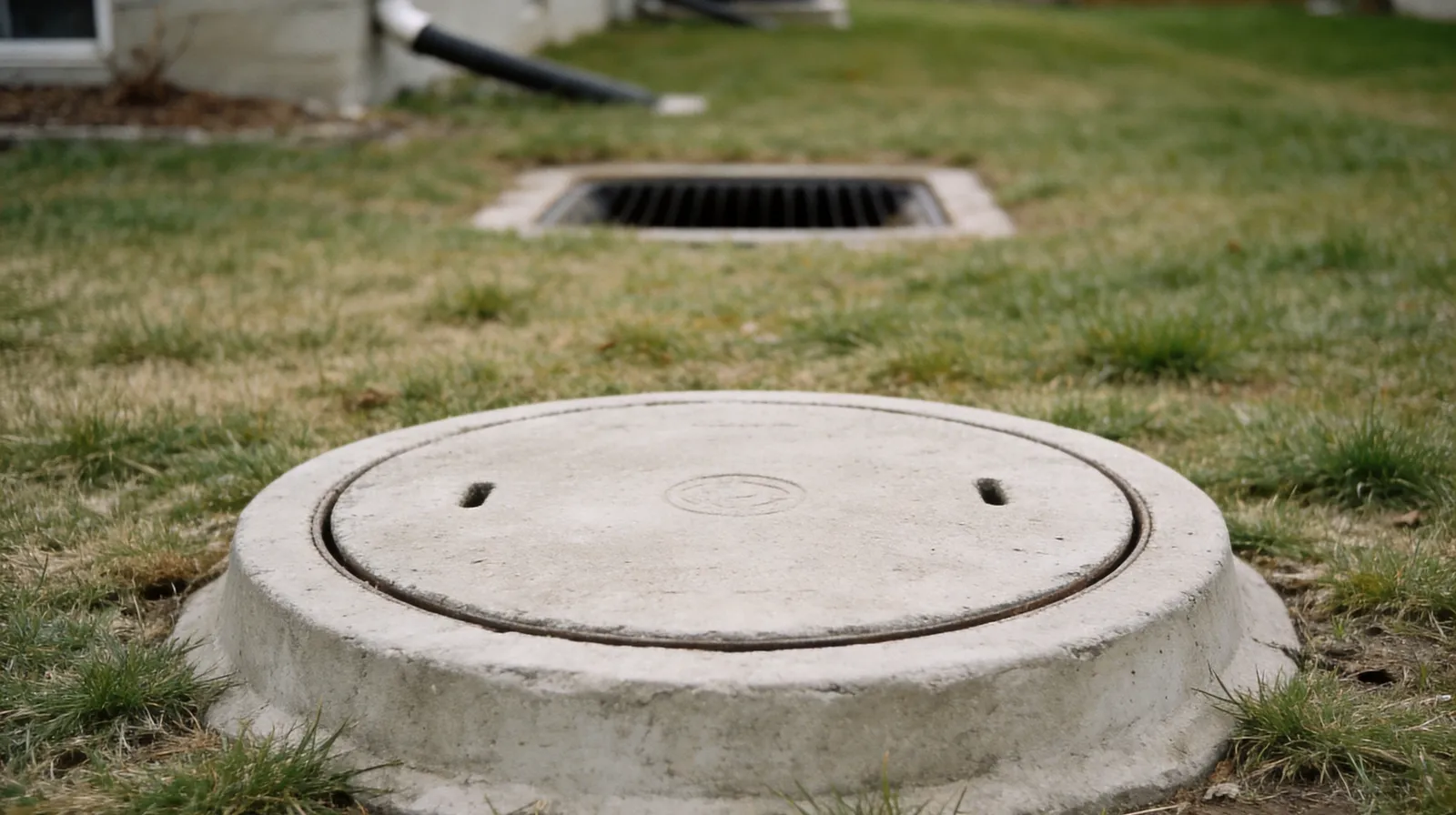 Concrete septic tank access lid set in a residential backyard lawn, with surrounding patchy grass