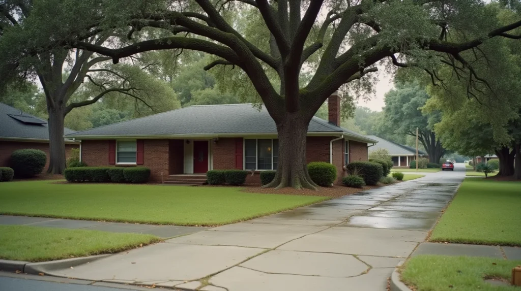 1950s brick ranch house with oak tree and cracked concrete driveway showing root heave near the foundation