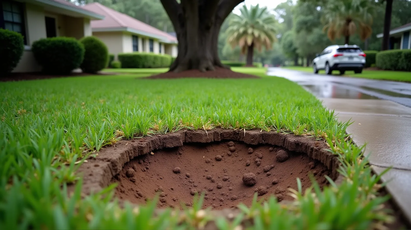 Circular soil depression in a residential front yard in central Florida sinkhole alley, cracked concrete walkway near the subsidence, live oak shade, overcast afternoon light